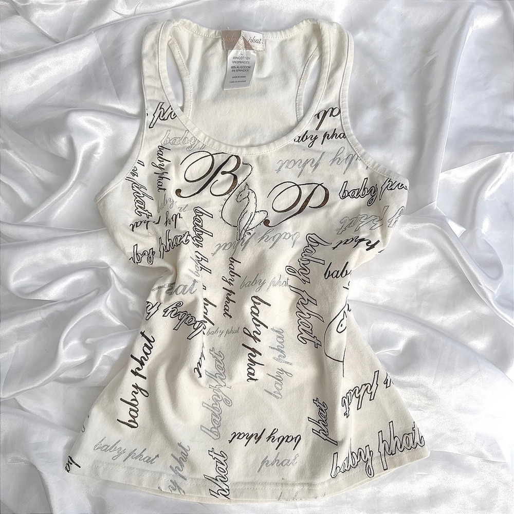 Baby Phat Y2K Logo Tank Top White Rhinestone Cat Graphic Racerback Womens Large
